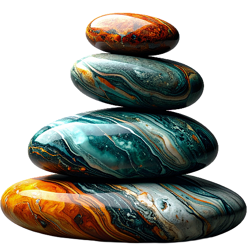 Five polished, multicolored stones stacked on top of each other, varying in shades of orange, green, blue, and black.