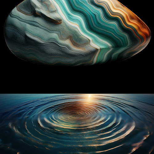 A polished multicolored stone above a rippling body of water with sunlight reflecting off the surface.