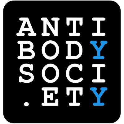 Text graphic with the words 'ANTIBODY SOCIETY' arranged vertically, with the letters 'Y' highlighted in blue.