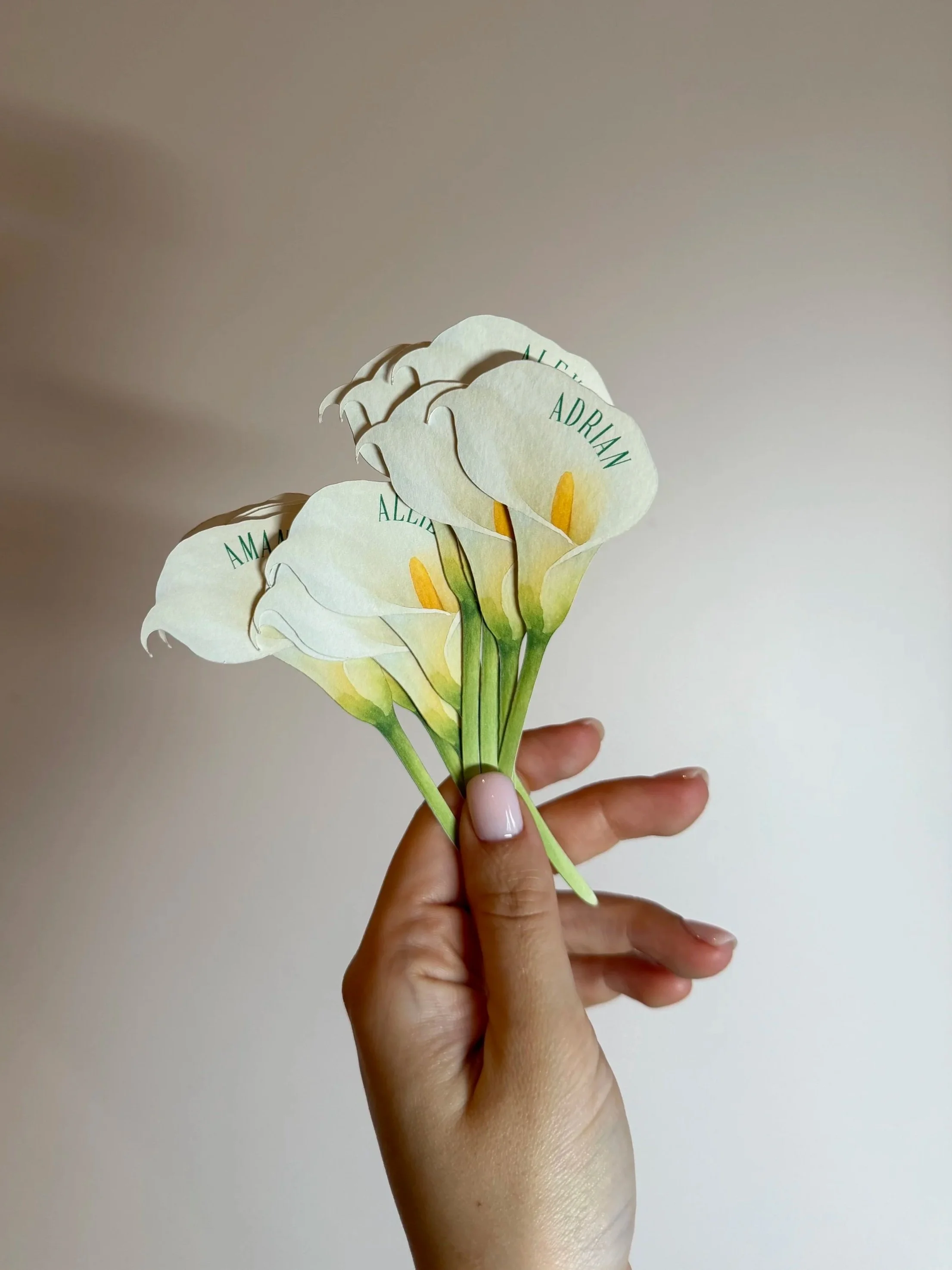 Hand holding paper flowers with names "AMANDA," "ALEX," "ADRIAN," and "ALEX" printed on them, against a plain background.