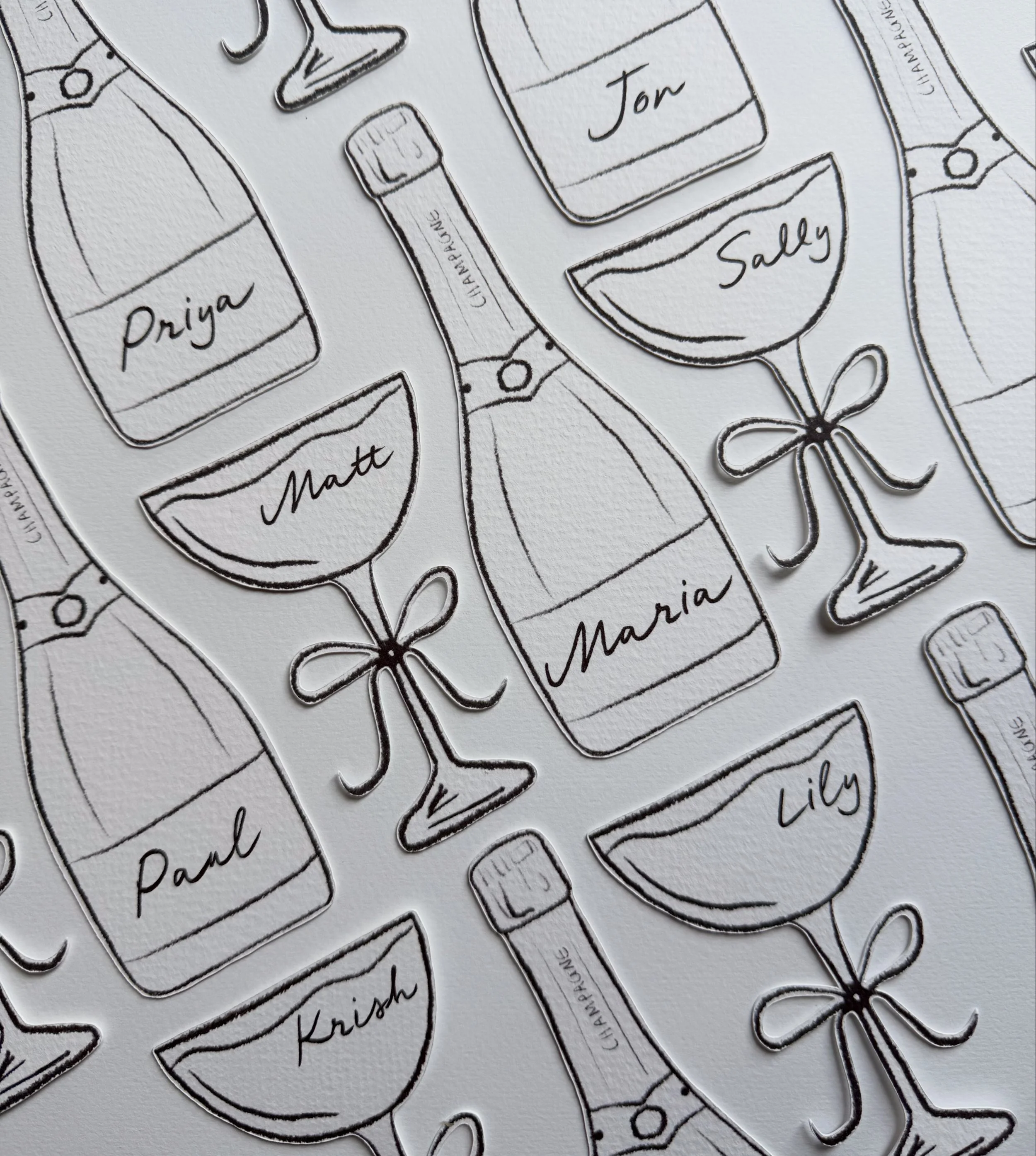 Line drawings of champagne bottles and glasses with handwritten names on them.