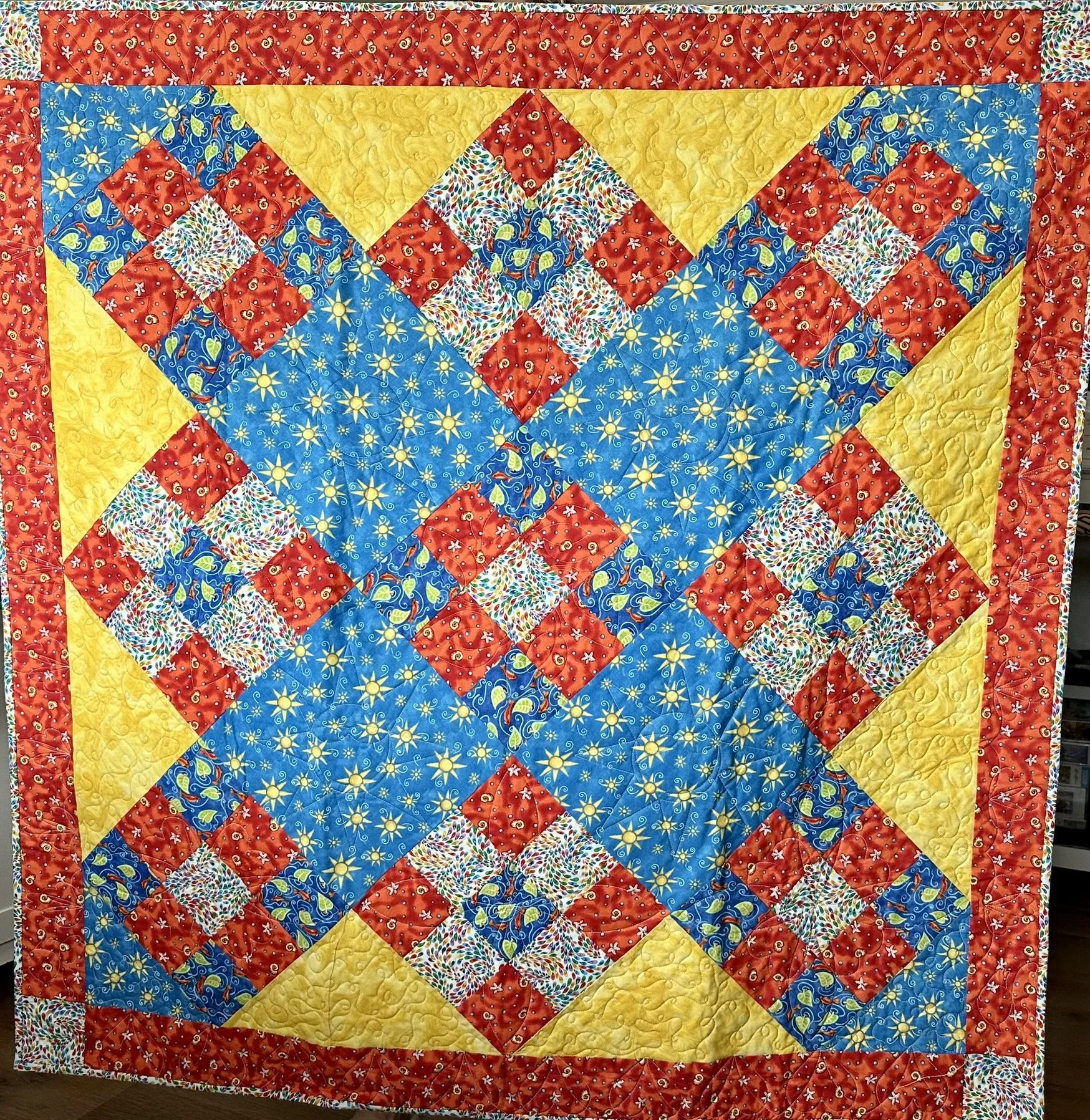 Blue Sunshine Quilt 51 x 51 Handmade Vibrant
