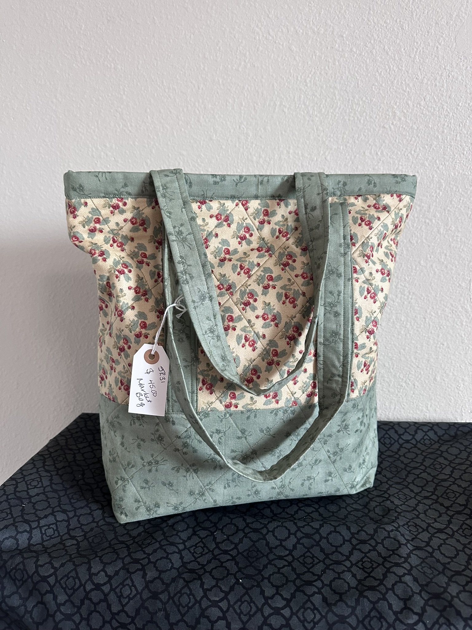 Market Bag Green and Beige with Flowers