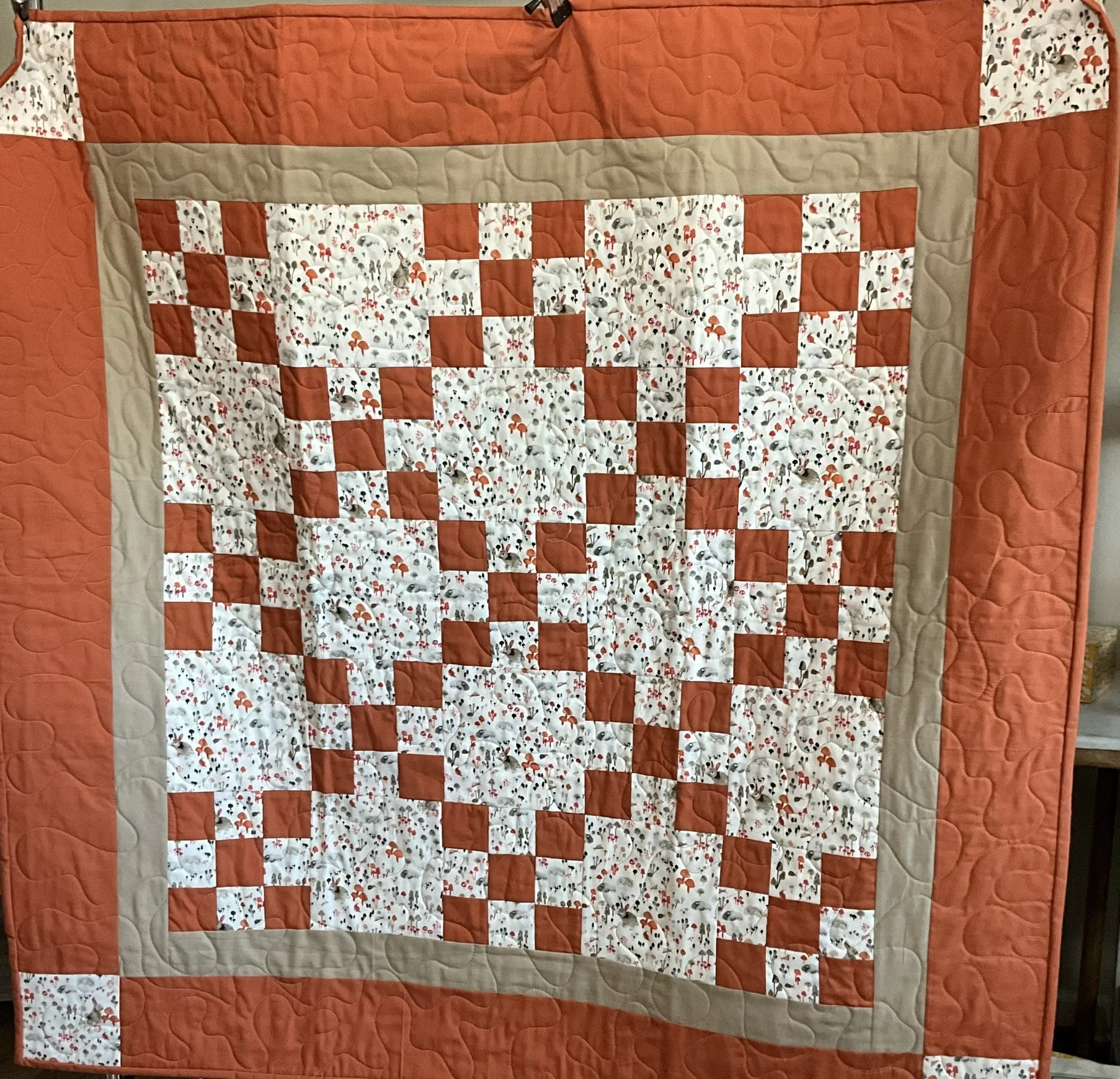 Bunnies and Toad Stool Baby Quilt 42 x 43