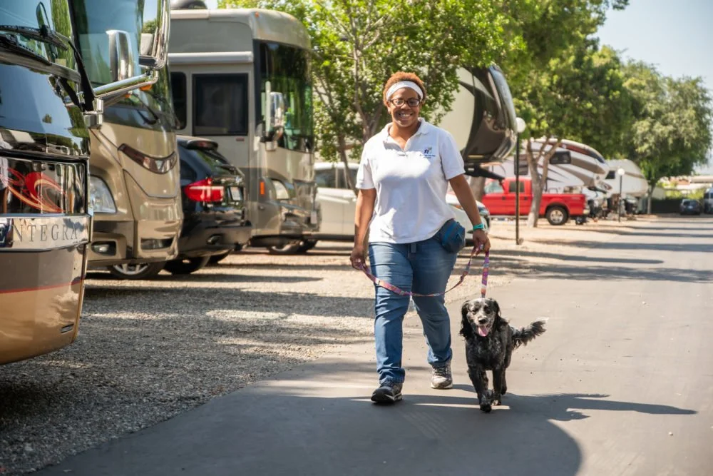 walking a dog at Walnut RV Park