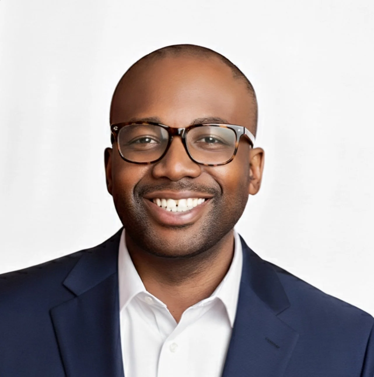 A smiling man with glasses, wearing a navy suit and white shirt, against a white background.