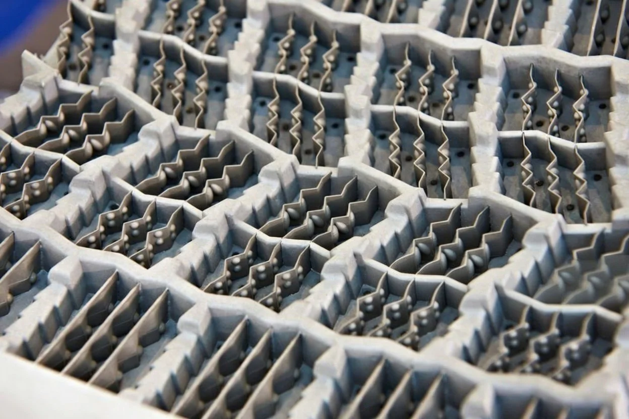 Close-up of a gray plastic subdivided container filled with small metallic pin-like objects.