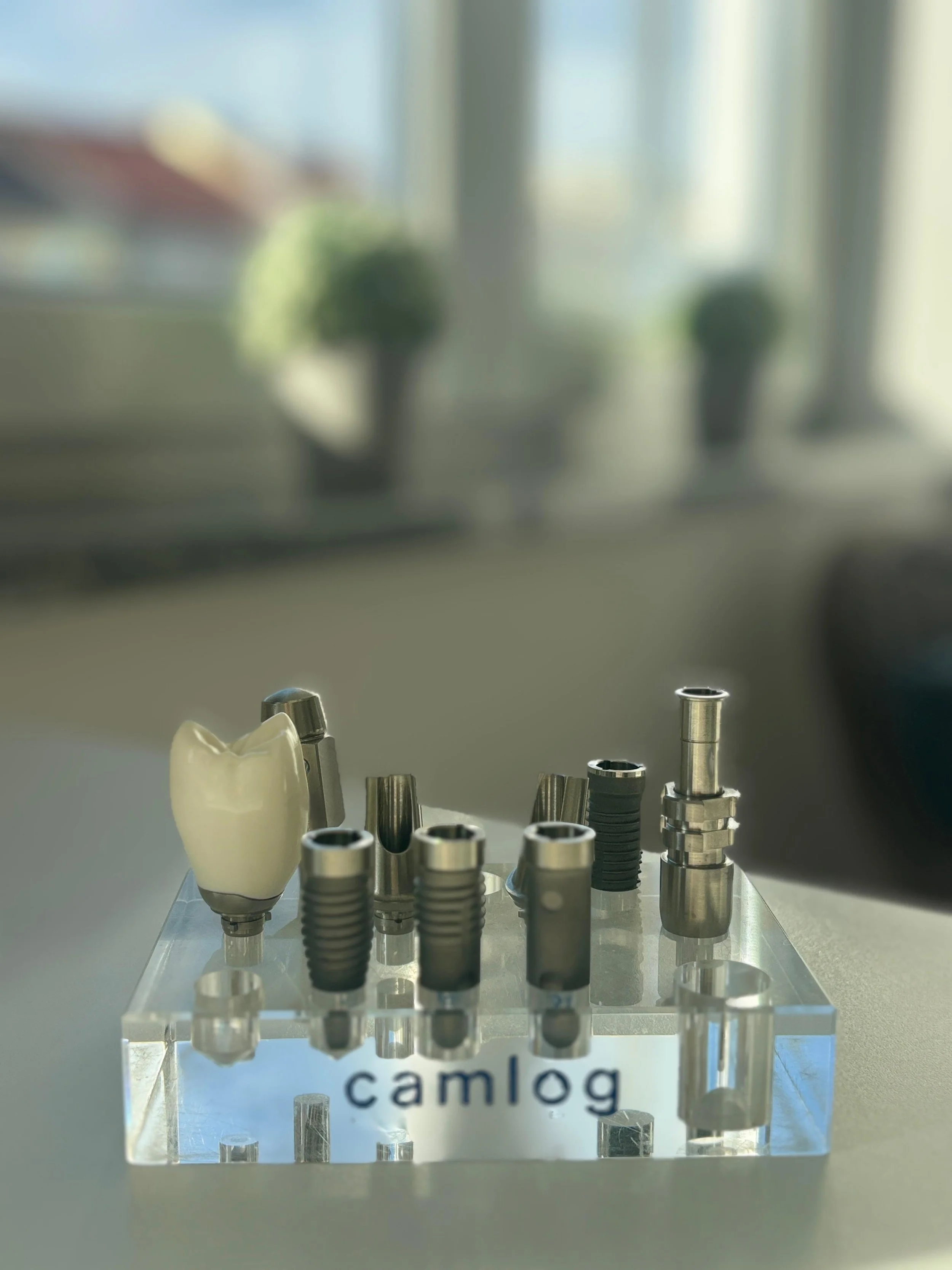 Zahnersatzteile, darunter eine Zahnkrone, verschiedene Implantate und Abutments, auf einem klaren Block mit der Aufschrift 'camlug'