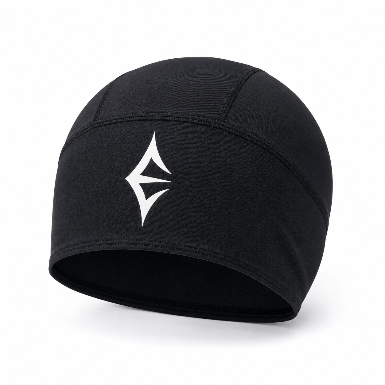 Black sports beanie with a white logo on the front, made of stretchy material.