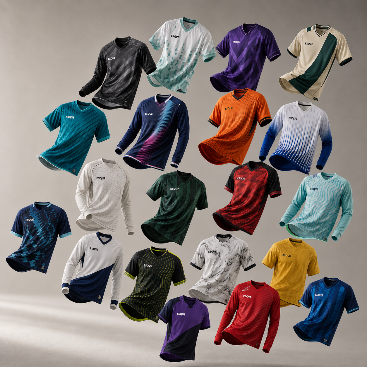 A collection of 20 different colorful soccer jerseys arranged on a grey background.