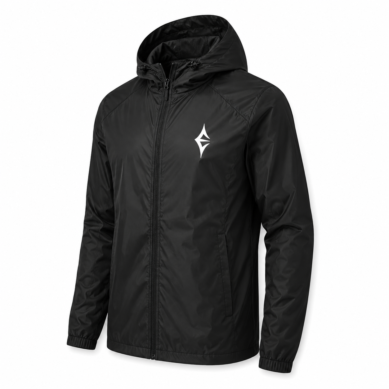 Black hooded waterproof jacket with a white logo on the chest, featuring a front zipper and elastic wrists.