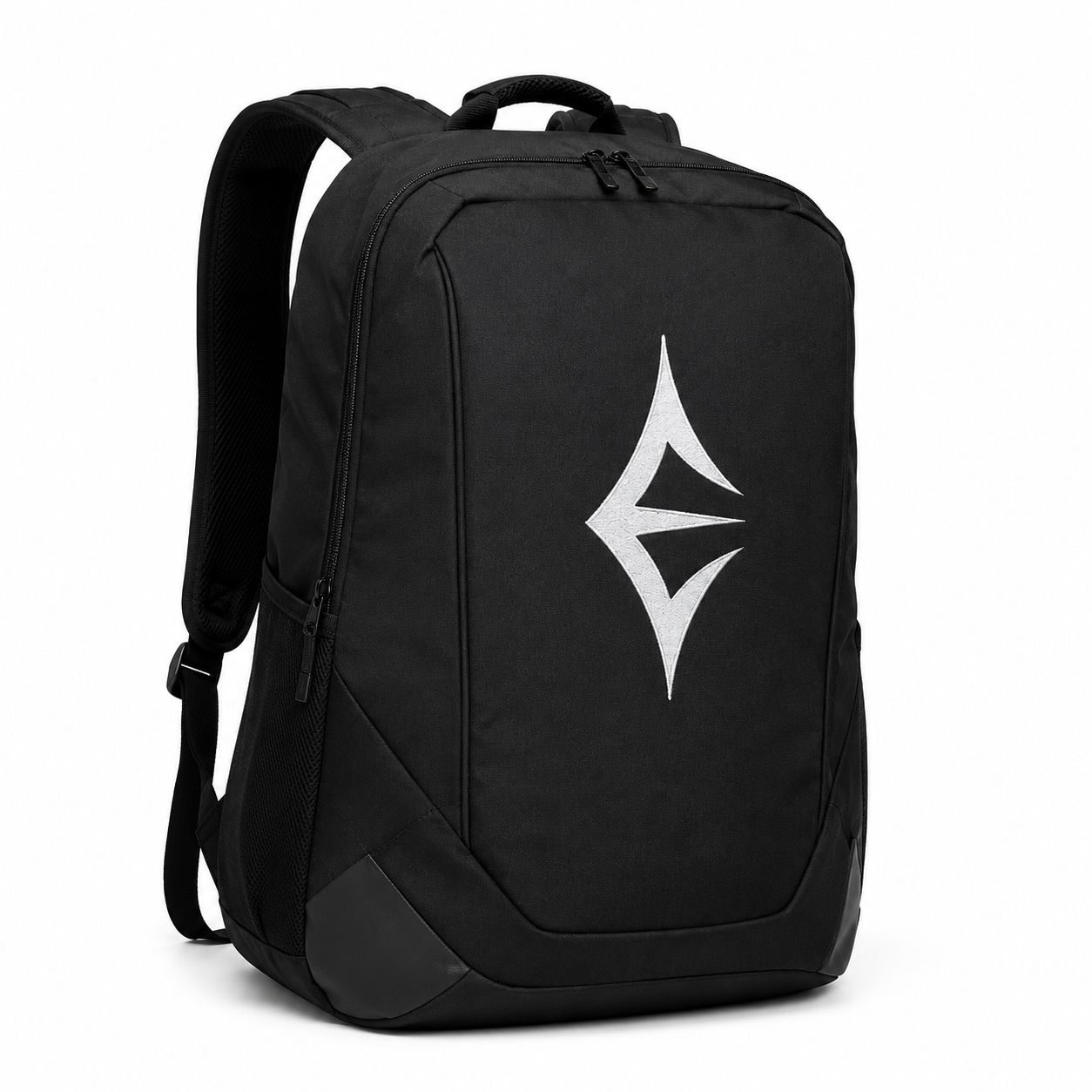 Black backpack with a silver geometric logo on the front, padded shoulder straps, and zippers, isolated on a white background.