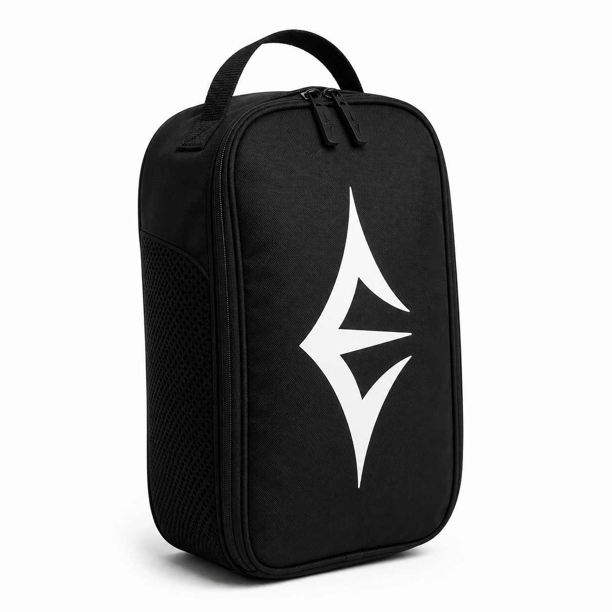 Black sports backpack with a white stylized logo on the front.