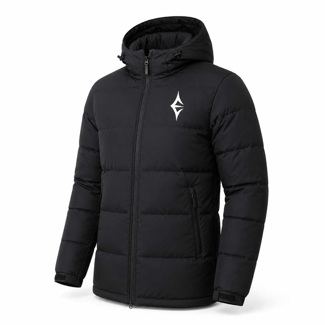 Black puffer jacket with a hood, featuring a white logo on the chest and zippered pockets.