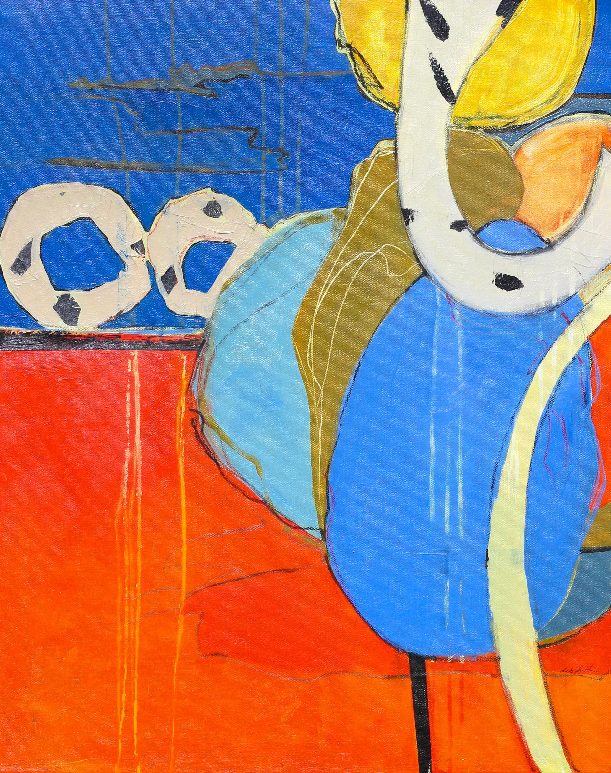 A colorful abstract painting featuring a large blue vase with yellow, orange, and brown accents, placed on an orange surface. In the background, there is a blue wall with some black lines and three white objects with black spots, resembling soccer ba