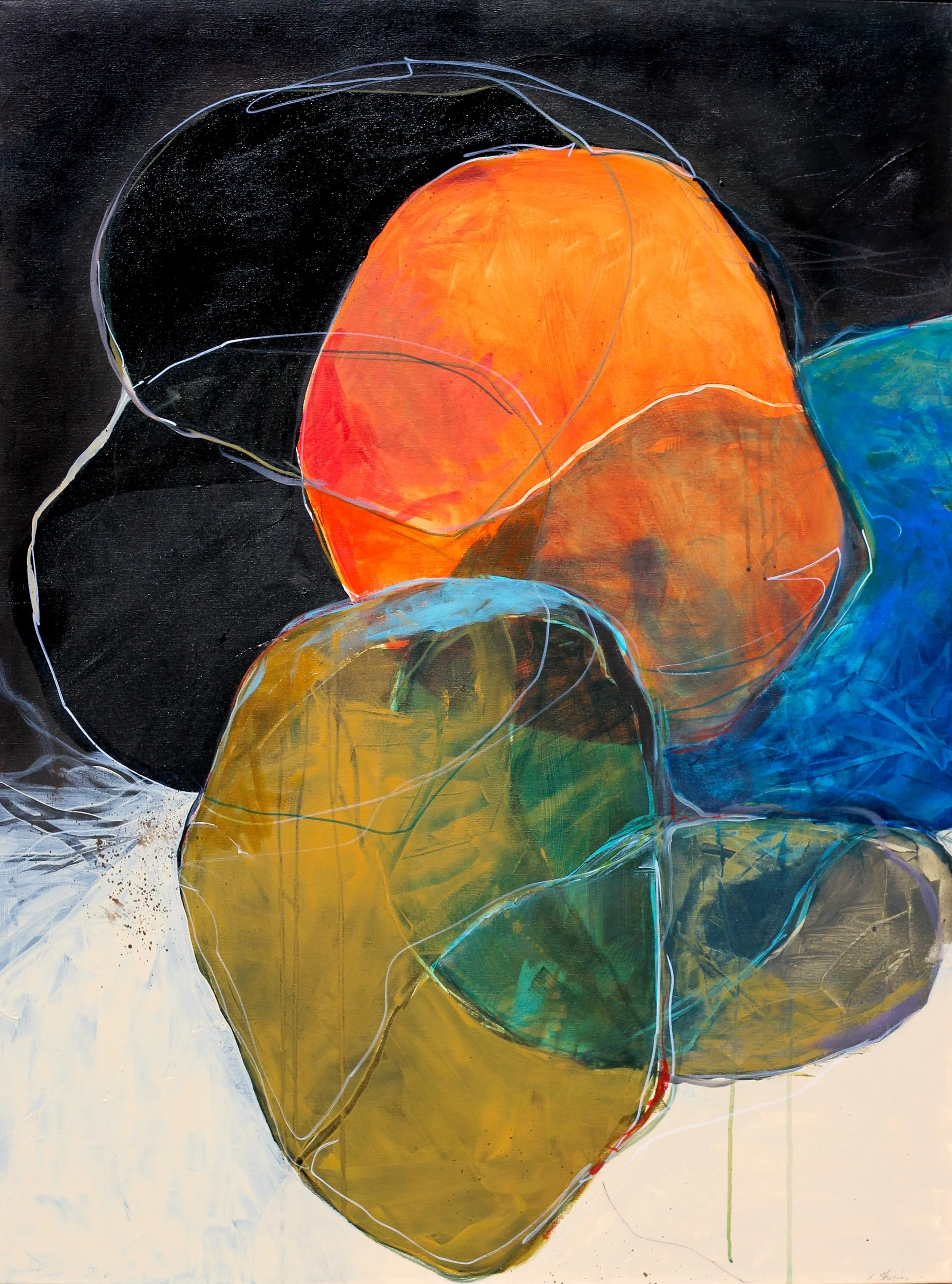 Abstract painting featuring overlapping translucent circles in orange, black, blue, green, yellow, and white, with white and colored lines connecting the shapes.