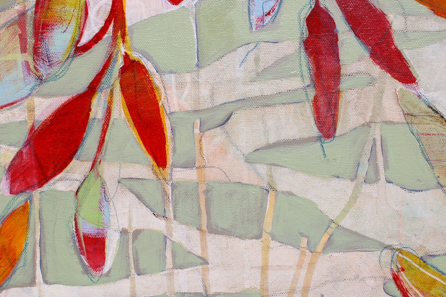 A colorful abstract painting featuring red, green, and orange leaves with a geometric background.