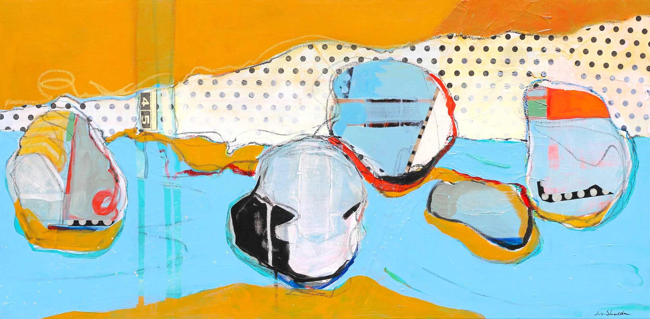 An abstract painting featuring geometric shapes and bold colors, including blue, orange, black, and white, with patterns like polka dots and stripes.