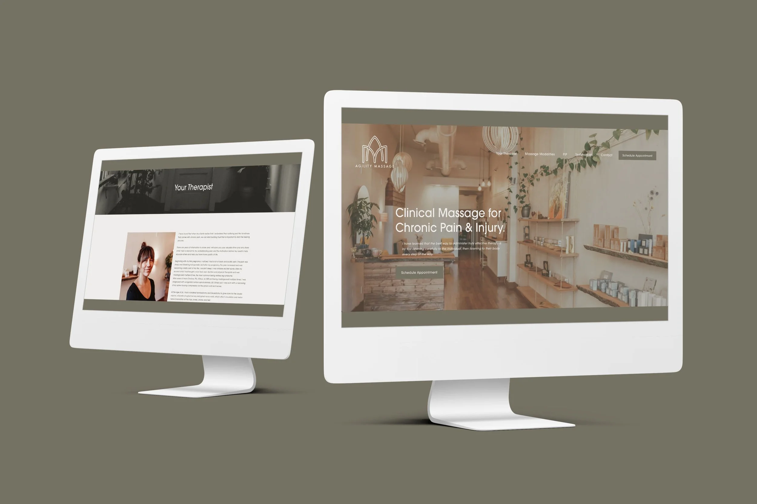 Two computer monitors displaying websites for massage therapy clinics on a neutral background.