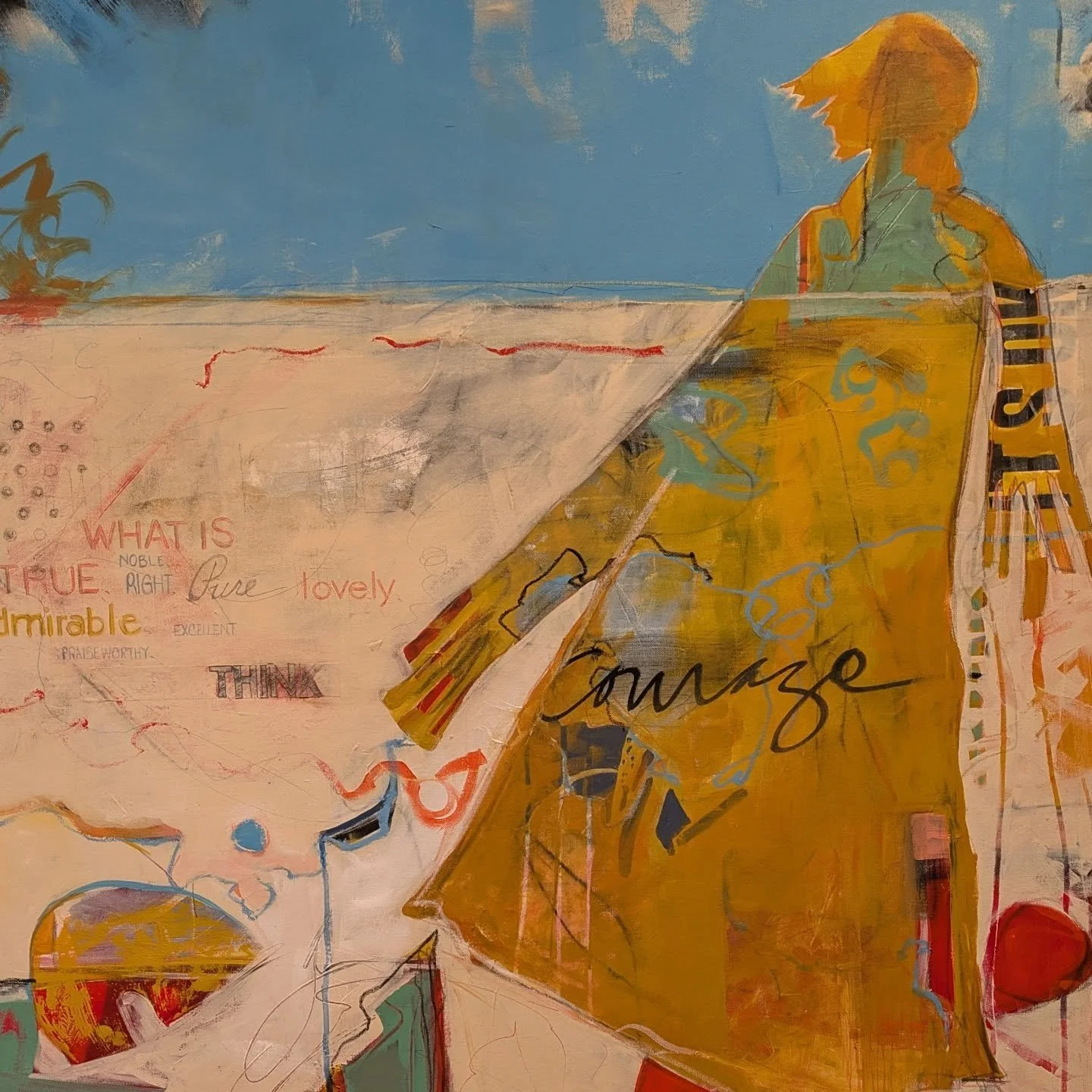 Every now and again, I have to do a painting just for myself. It is full of reminders of fun days and words to move me forward. Hope you enjoy it too.