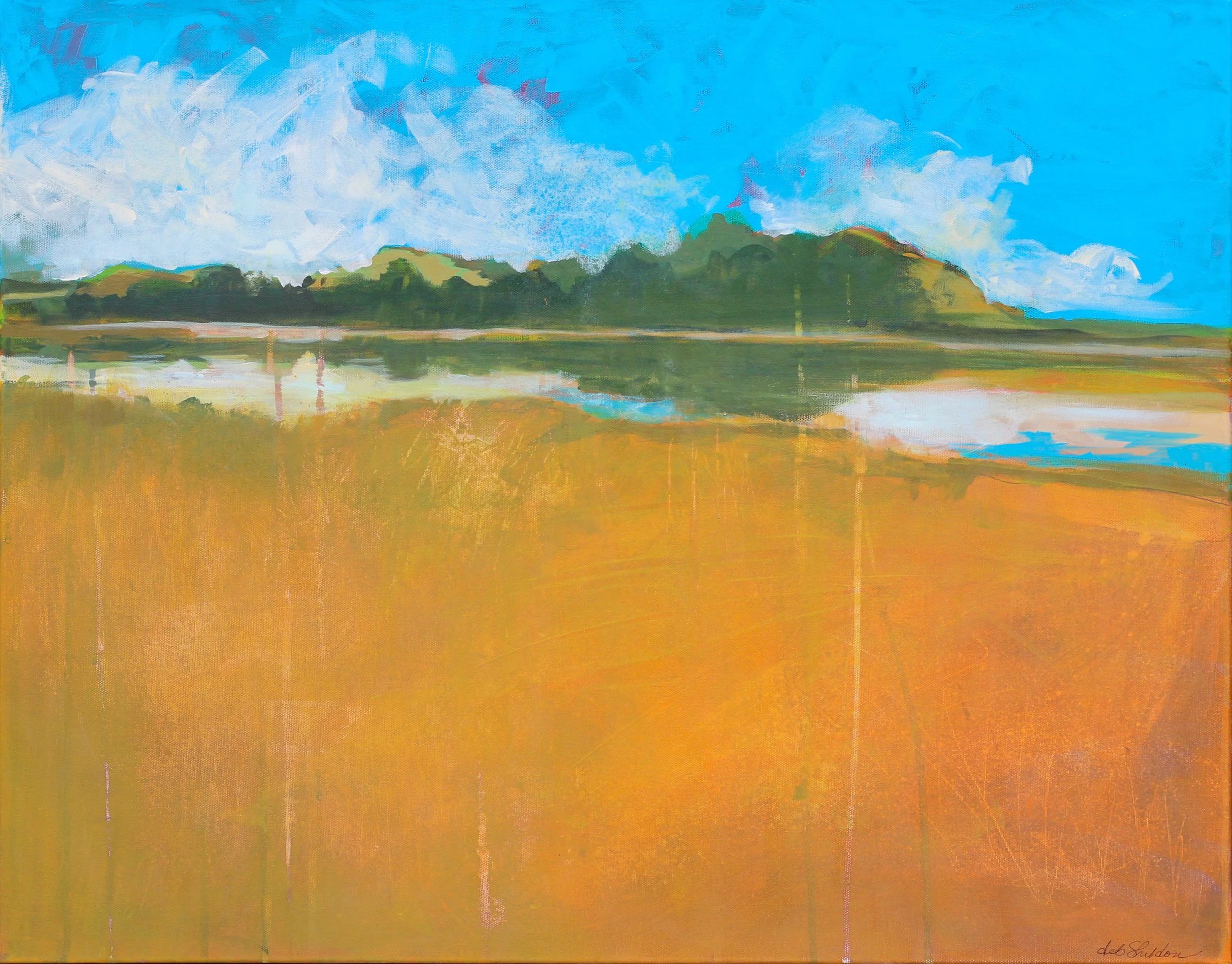 An abstract painting of a landscape with a blue sky, white clouds, green hills, a body of water, and a golden field in the foreground.