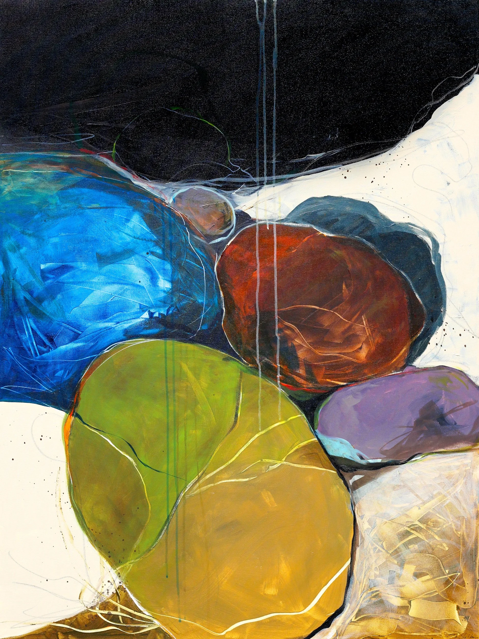 Abstract painting with large, colorful, rounded shapes in blue, red, green, purple, and yellow on a black and white background.