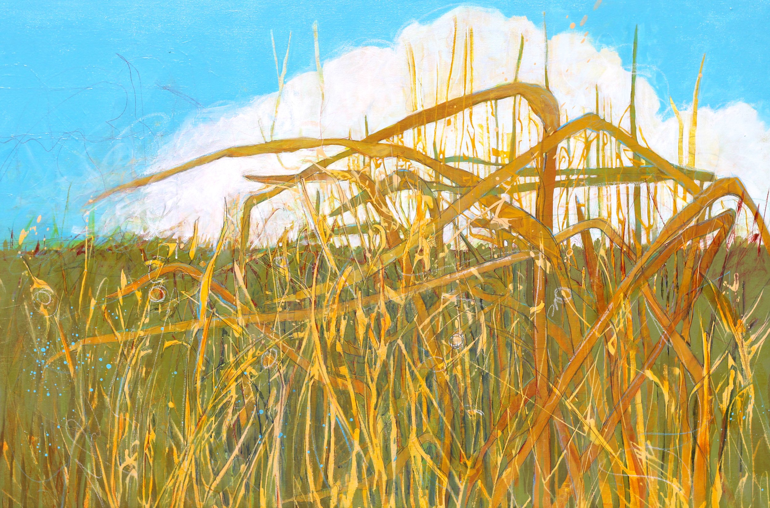 Abstract painting of a wheat field with green stalks, blue sky, and white clouds.