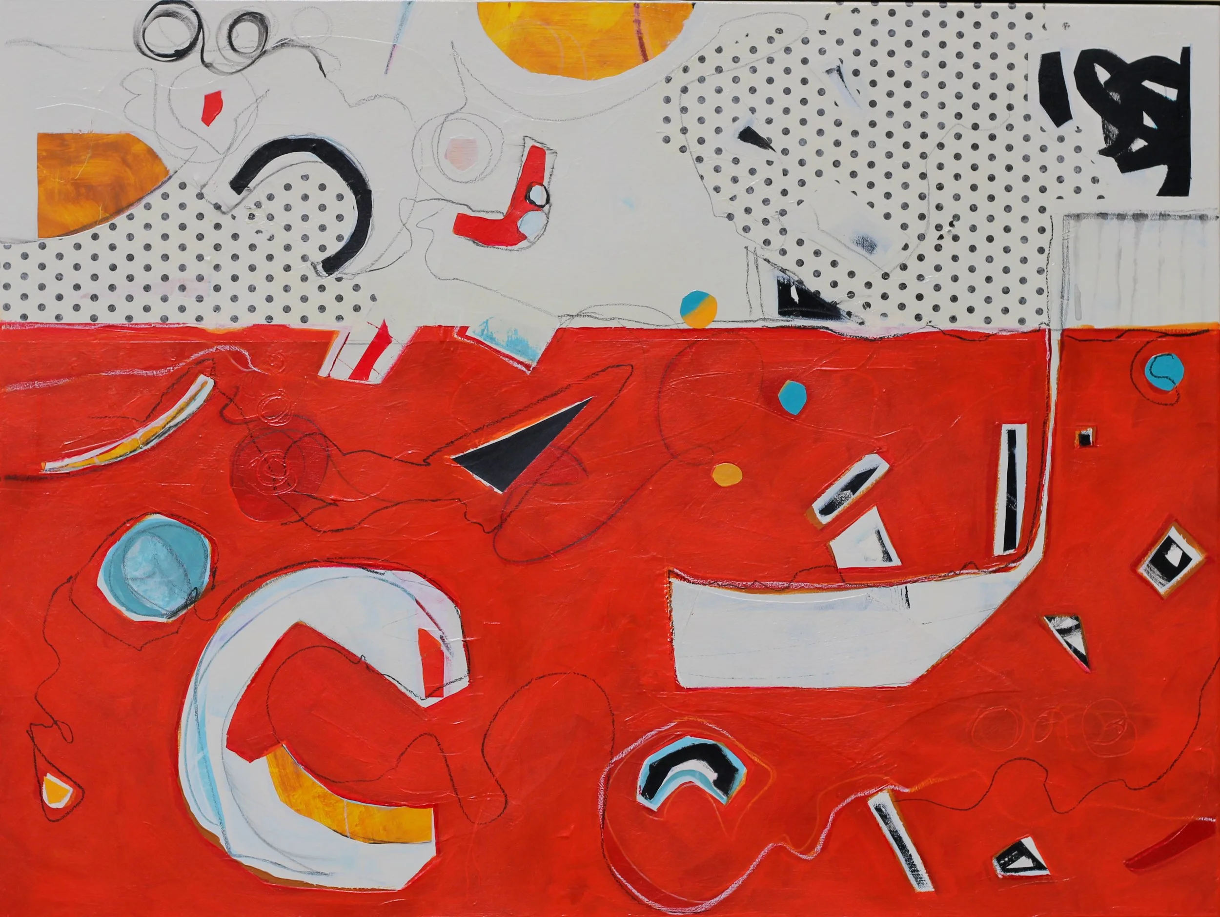 Abstract artwork with divided sections; the top features black, white, and yellow elements with polka dots, and the bottom is predominantly red with various geometric shapes and lines.