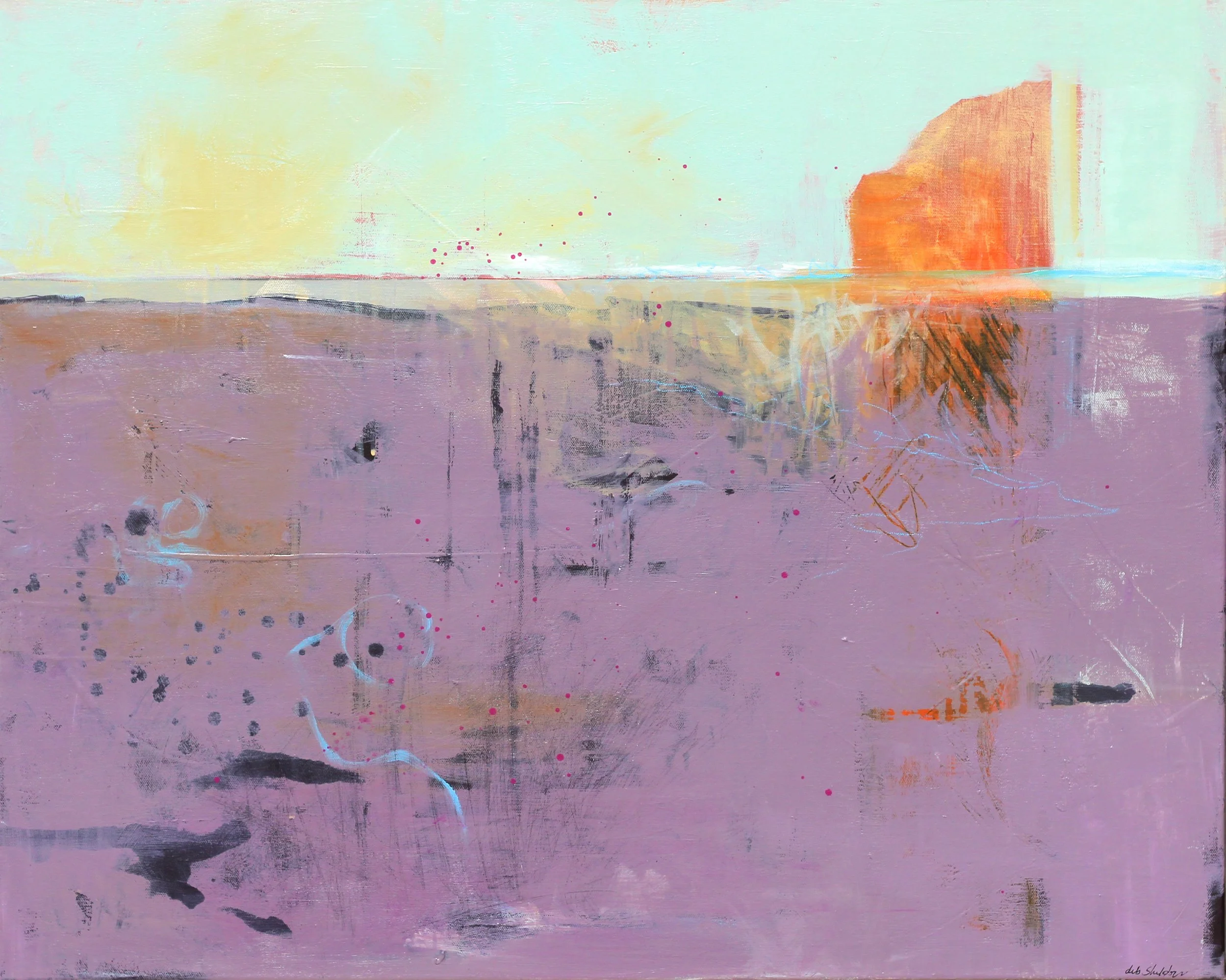 Abstract painting with pastel colors, featuring a large purple field with orange and pink accents, and a yellow sky with reddish-orange shapes.