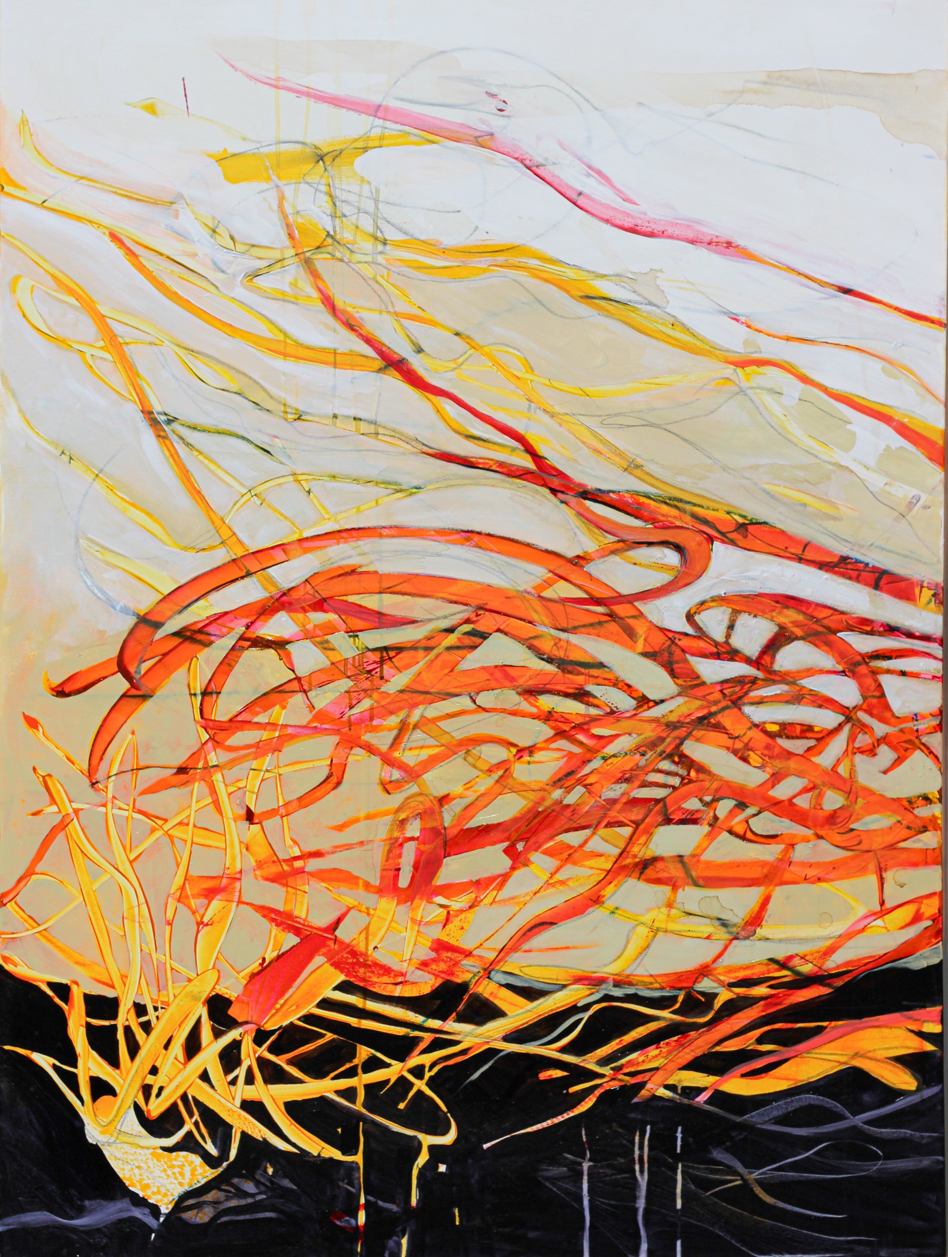 Abstract painting with swirling, intertwined lines in shades of orange, yellow, pink, and black on a white background.