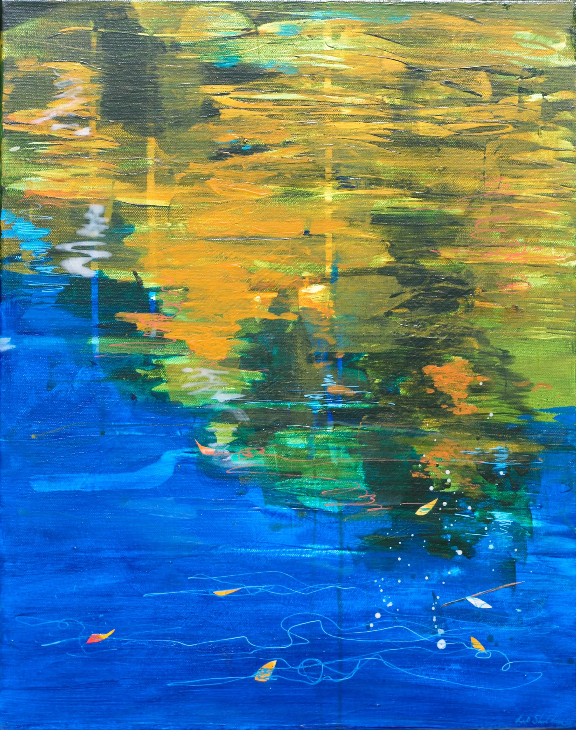 An abstract painting with vibrant colors of yellow, orange, green, and blue, creating reflections resembling a water scene with floating leaves.