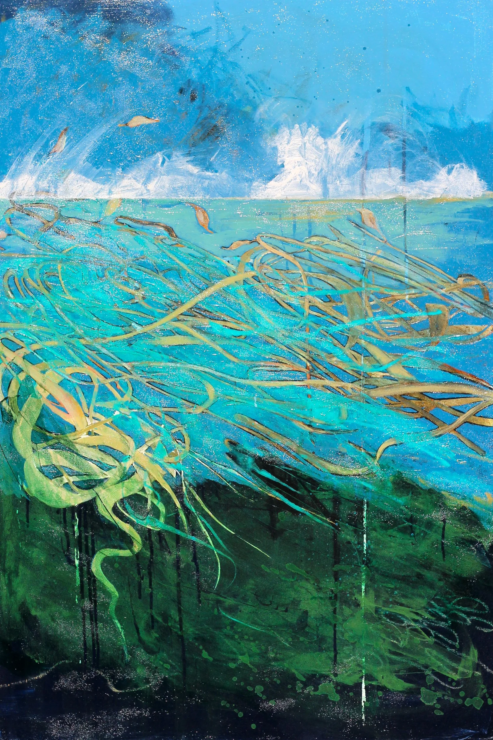 Abstract painting of a landscape with blue sky, clouds, a distant horizon, and layered green and yellow grass or foliage in the foreground.