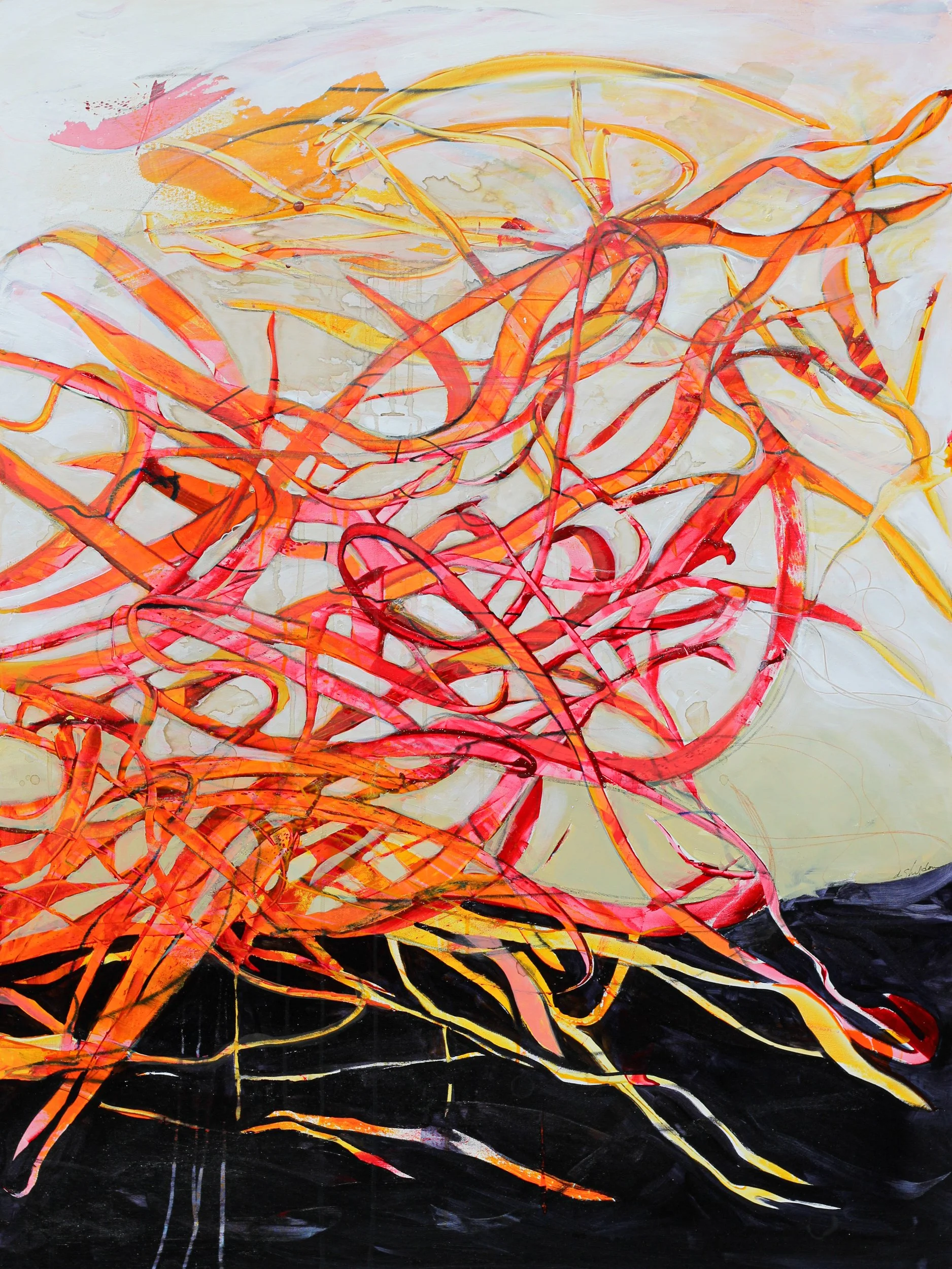 Abstract painting with vibrant orange, pink, yellow, and black swirling lines and shapes.