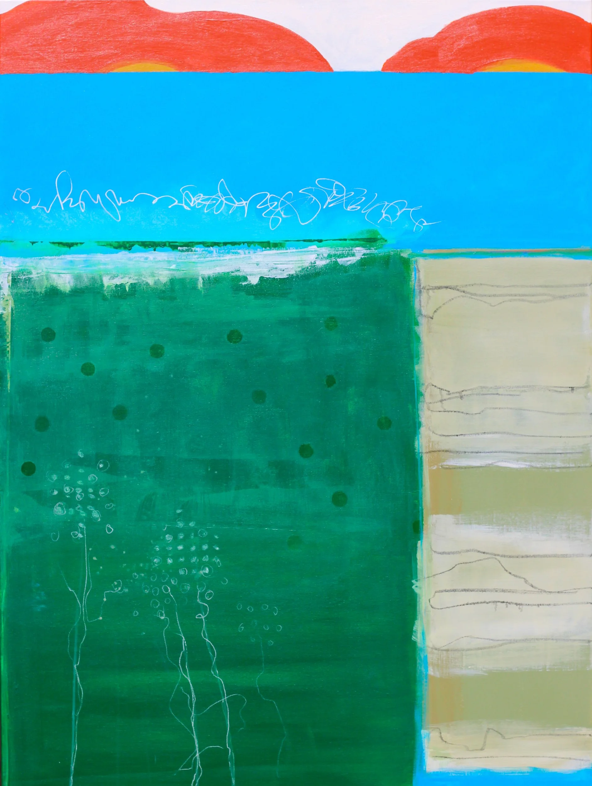 Abstract painting with a bright blue sky, partial red and orange sun at the horizon, green field with black dots, and a beige rectangular area with light horizontal lines.