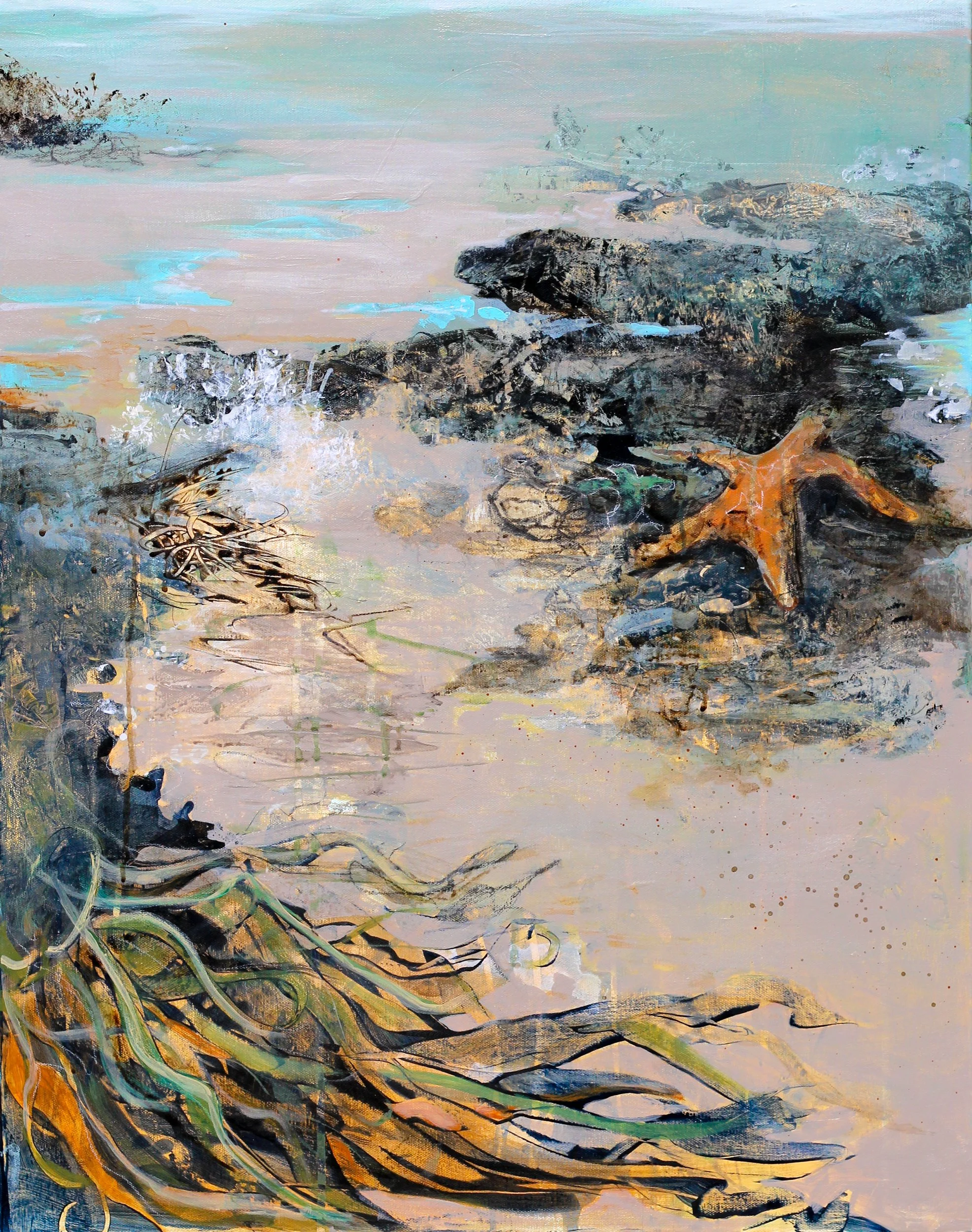 Abstract painting of a shoreline with rocks, seaweed, and a starfish on a sandy beach.