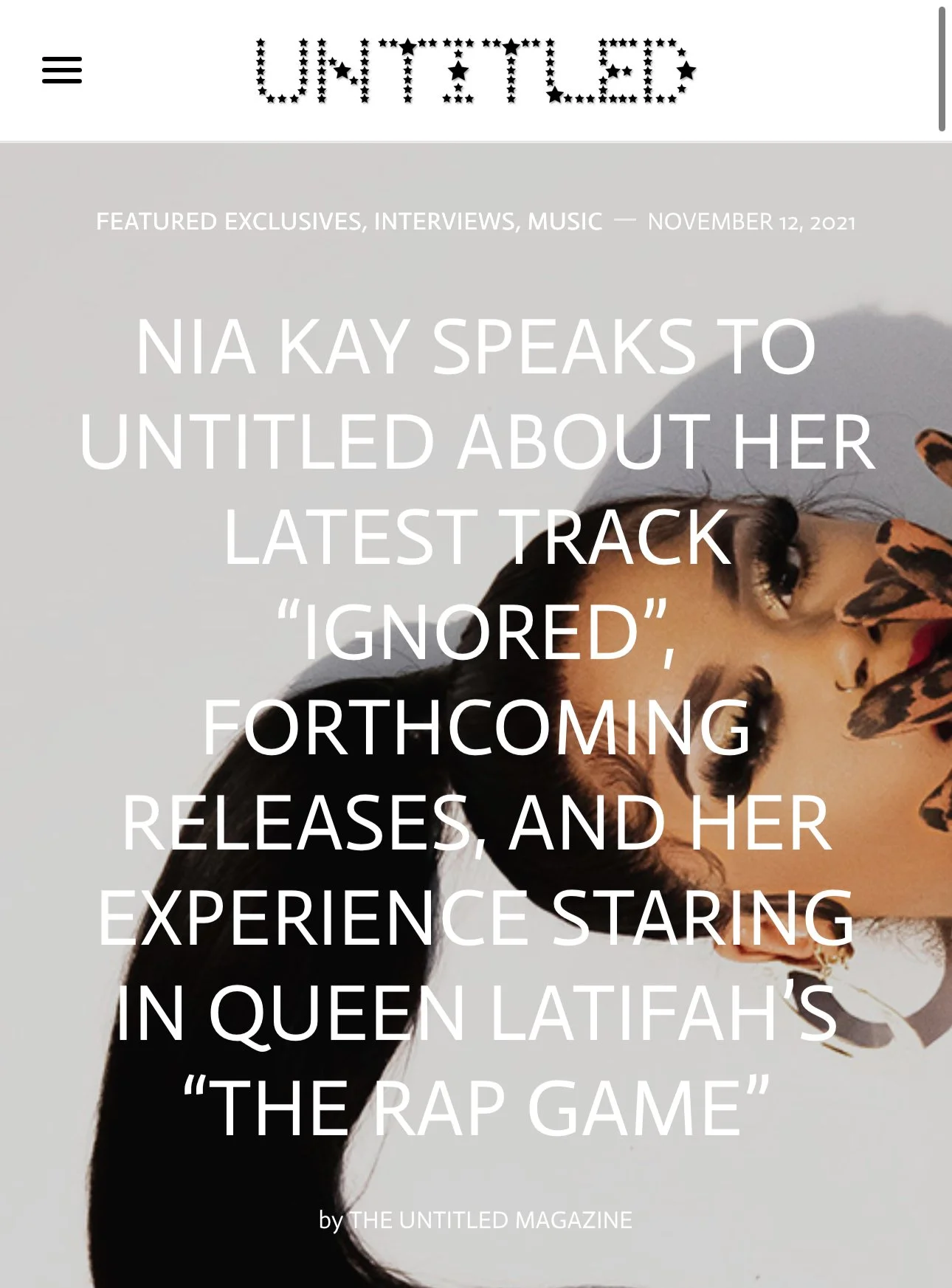 Cover of Untitled Magazine featuring Nia Kay with an article about her latest track "Ignored"