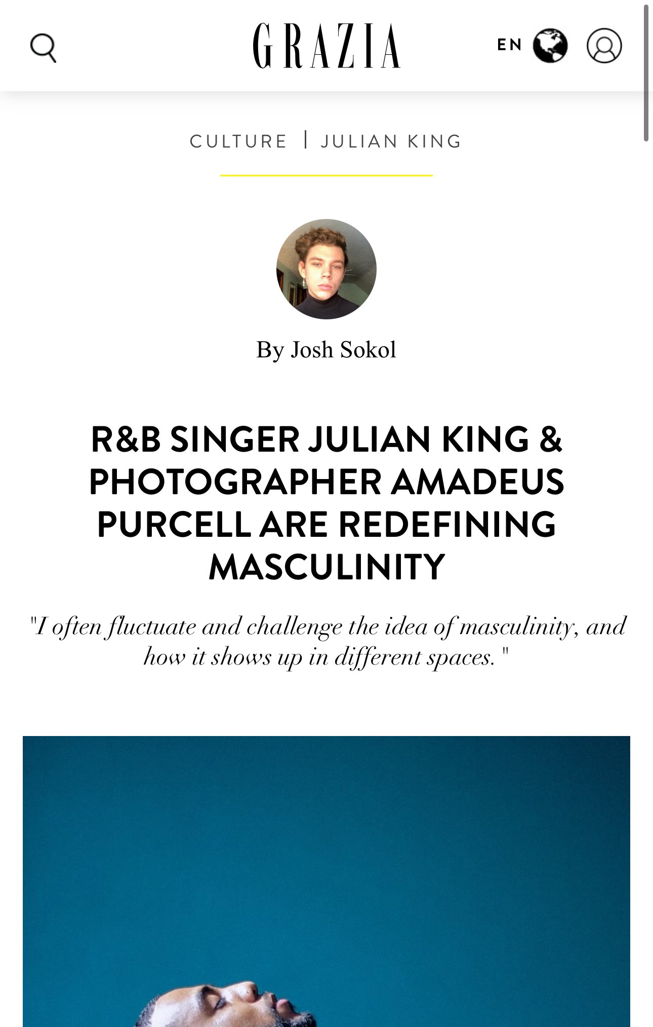 A screenshot of an article from Grazia magazine about Julian King and Amadeus Purcell redefining masculinity, featuring a portrait of Julian King, a quote, and a partially visible photograph of a man with closed eyes against a blue background.