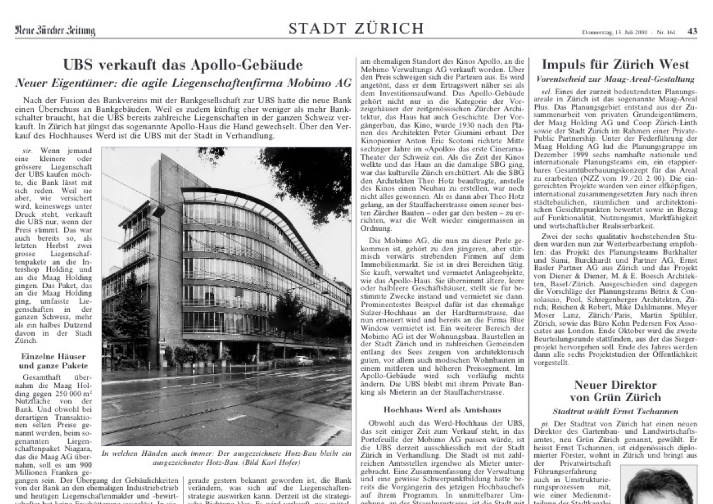 NZZ - UBS verkauft das Apollo-Gebäude - Anton Eric Scotoni
