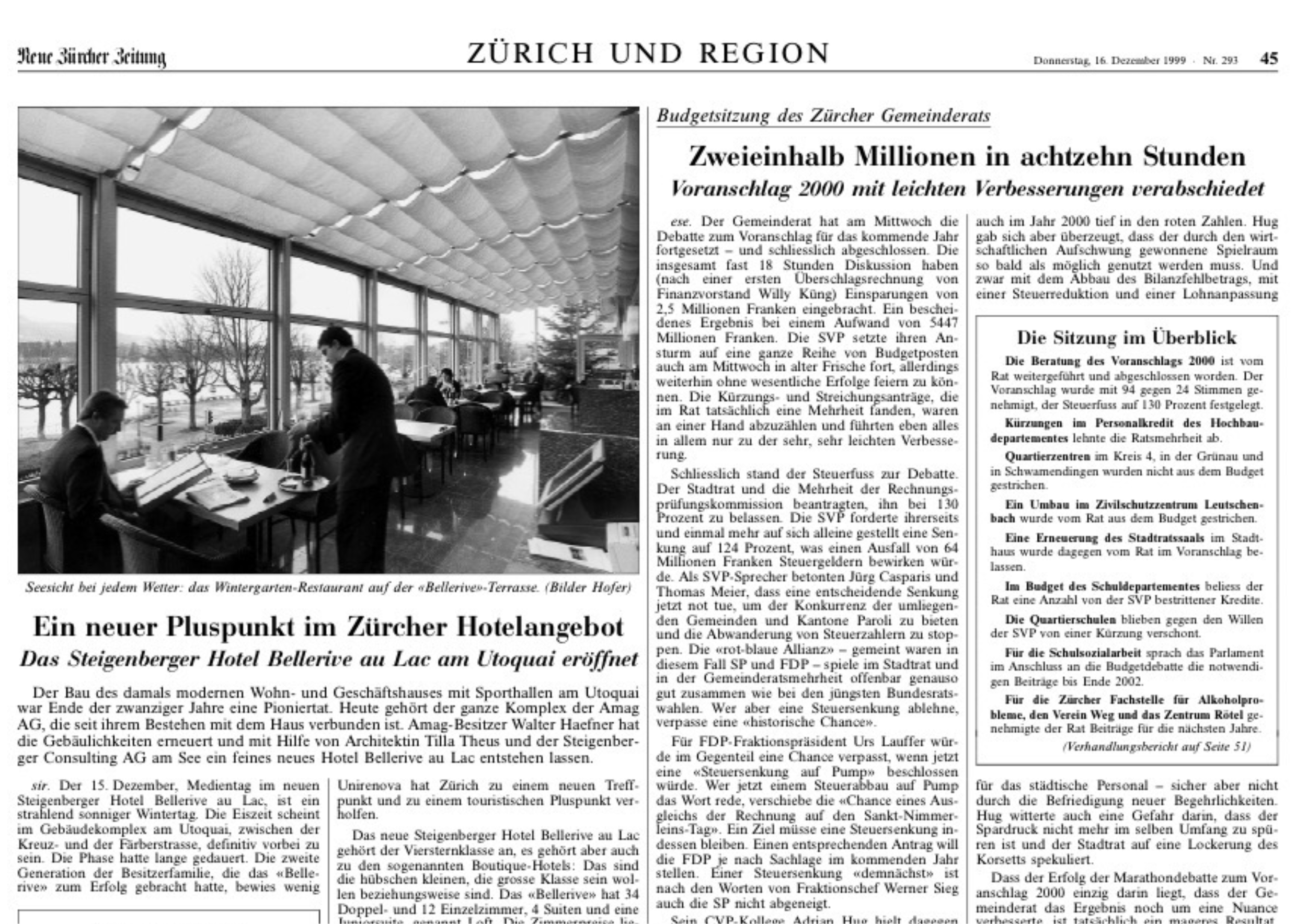 NZZ - Ein neuer Pluspunkt im Zürcher Hotelangebot - Steigenberger Hotel Bellerive - Eugen Scotoni Gassmann