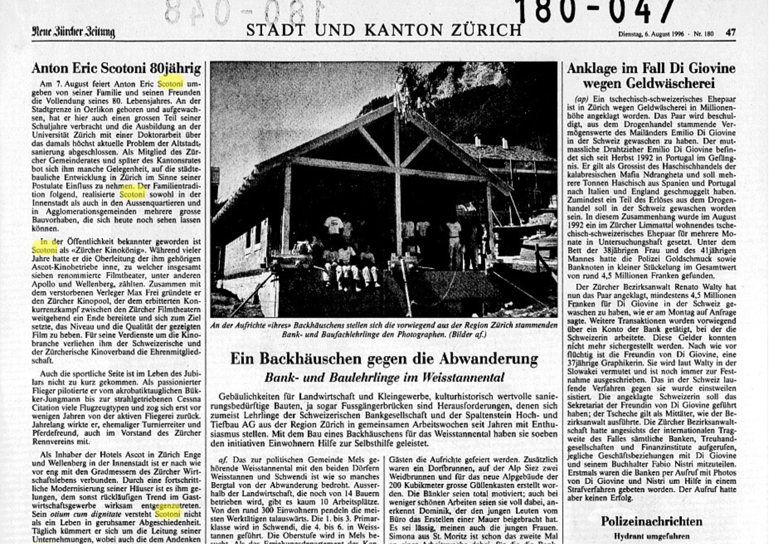 NZZ - Anton Eric Scotoni 80jährig - Anton Eric Scotoni