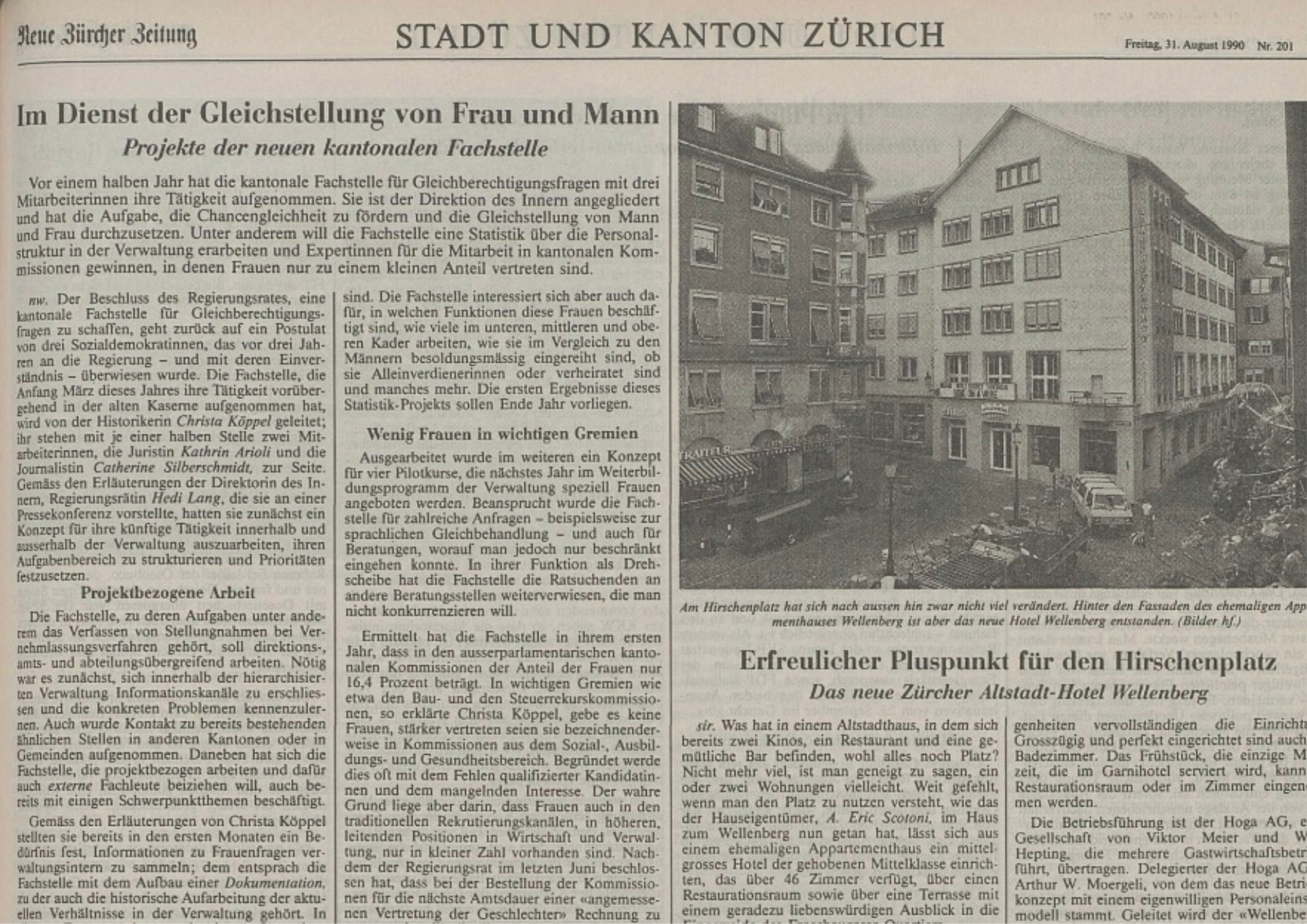 NZZ - Erfreulicher Pluspunkt für den Hirschenplatz - Hotel Wellenberg - Anton Eric Scotoni - Renate Scotoni