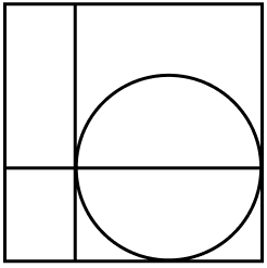 Geometric drawing of an outline square with sections divided by vertical, horizontal, and circle lines.