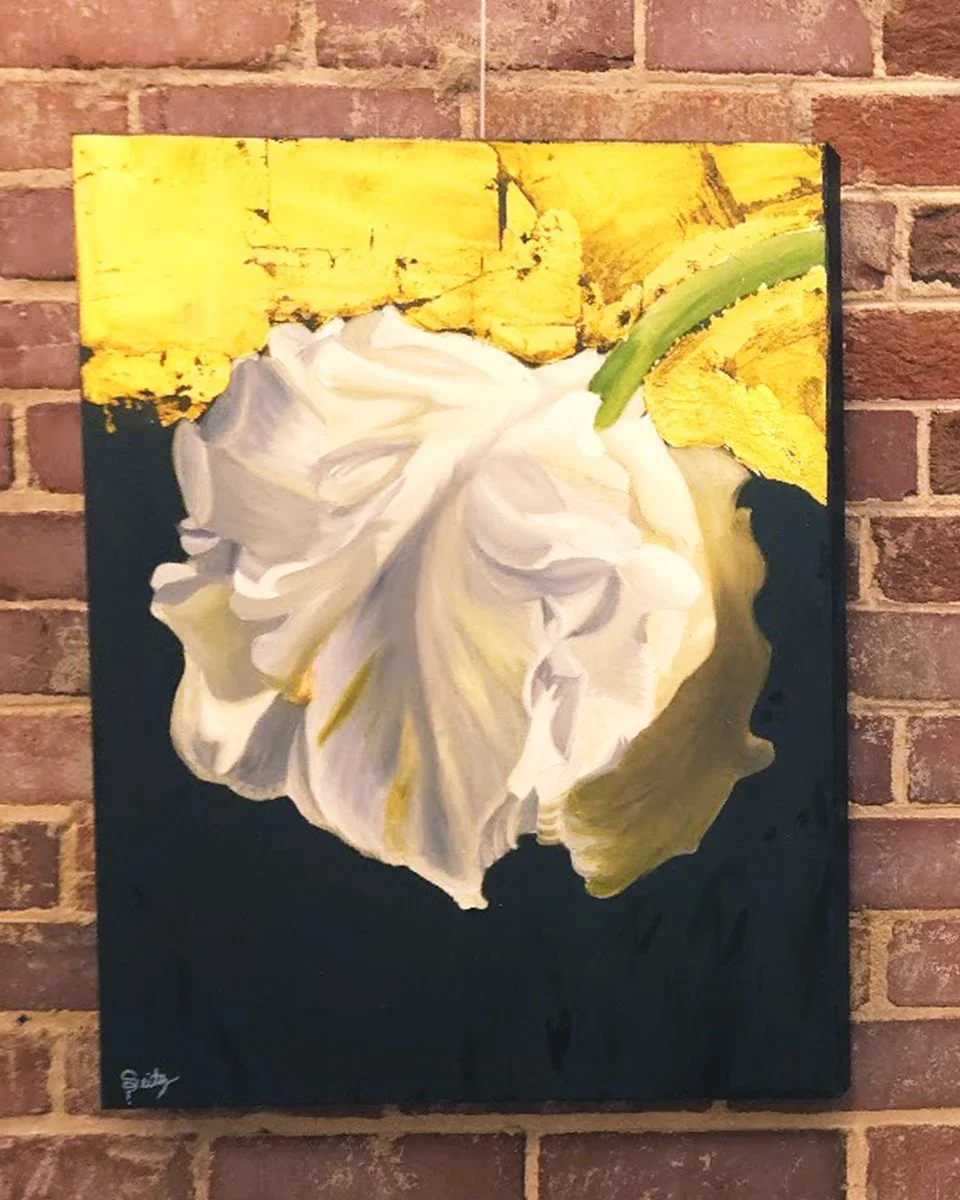 This triptych features white tulips set against a background of dark olive green, brown, and gold foil. Artist Taylor Seitz (@seitzfineart) once again shows off her skills with oil paint and gold leaf.

Sold as a set of 3.
On view and available for s