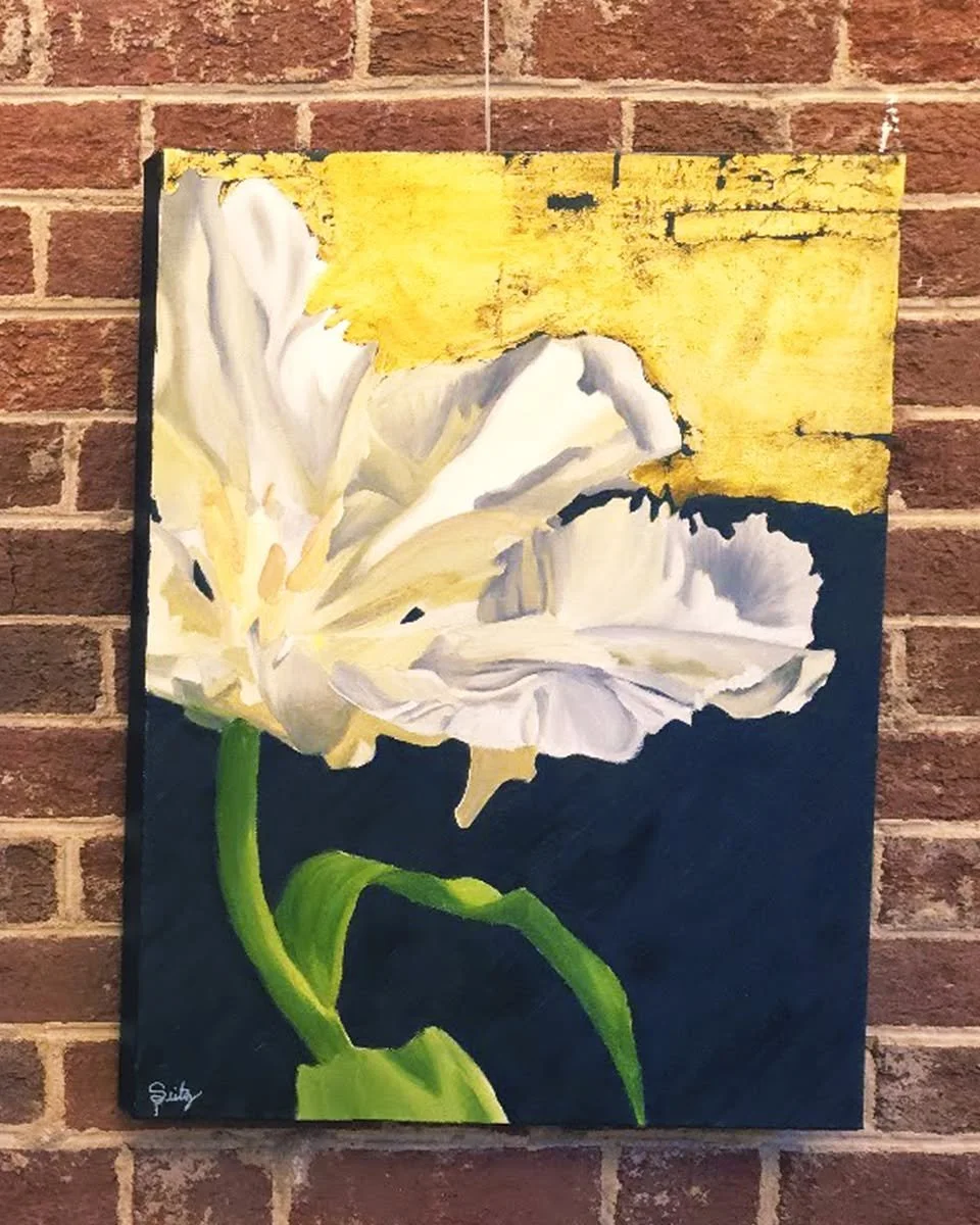 This triptych features white tulips set against a background of dark olive green, brown, and gold foil. Artist Taylor Seitz (@seitzfineart) once again shows off her skills with oil paint and gold leaf.

Sold as a set of 3.
On view and available for s