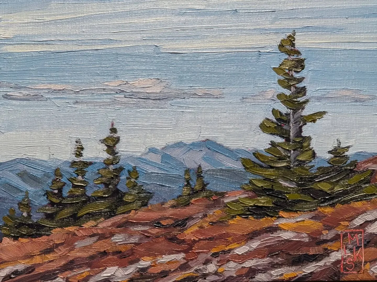 A view from the Morfee  ridgeline of the mountains to the north. A small oil painting, 6"x8" in size, depicting the scene with thick impasto-ish brush strokes. Had fun with this one. It is the second time I painted it since the first try di