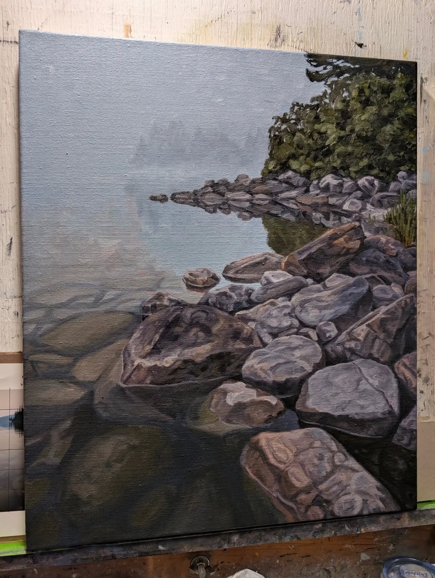 It's been a while since I've posted about paintings in progress so I thought I'd share a couple with you. The first is from a paddle on Azouzetta Lake one chilly foggy fall morning and the other from Morfee Lake showing off the large rounded rocks of