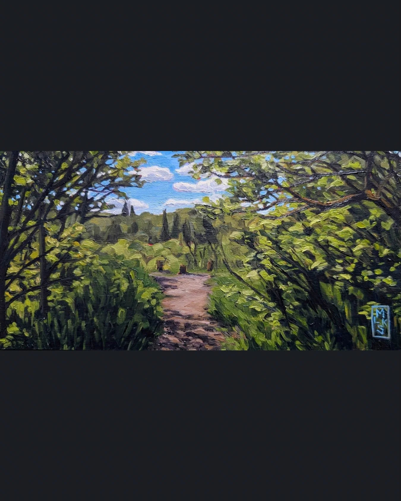 A small 6&rdquo;x12&rdquo; commission recently completed called &lsquo;The Mill Creek Proposal&rsquo;. A sea of greens of early summer which for me celebrate the marriage proposal that took place here quite appropriately. Full of life and vigour of a