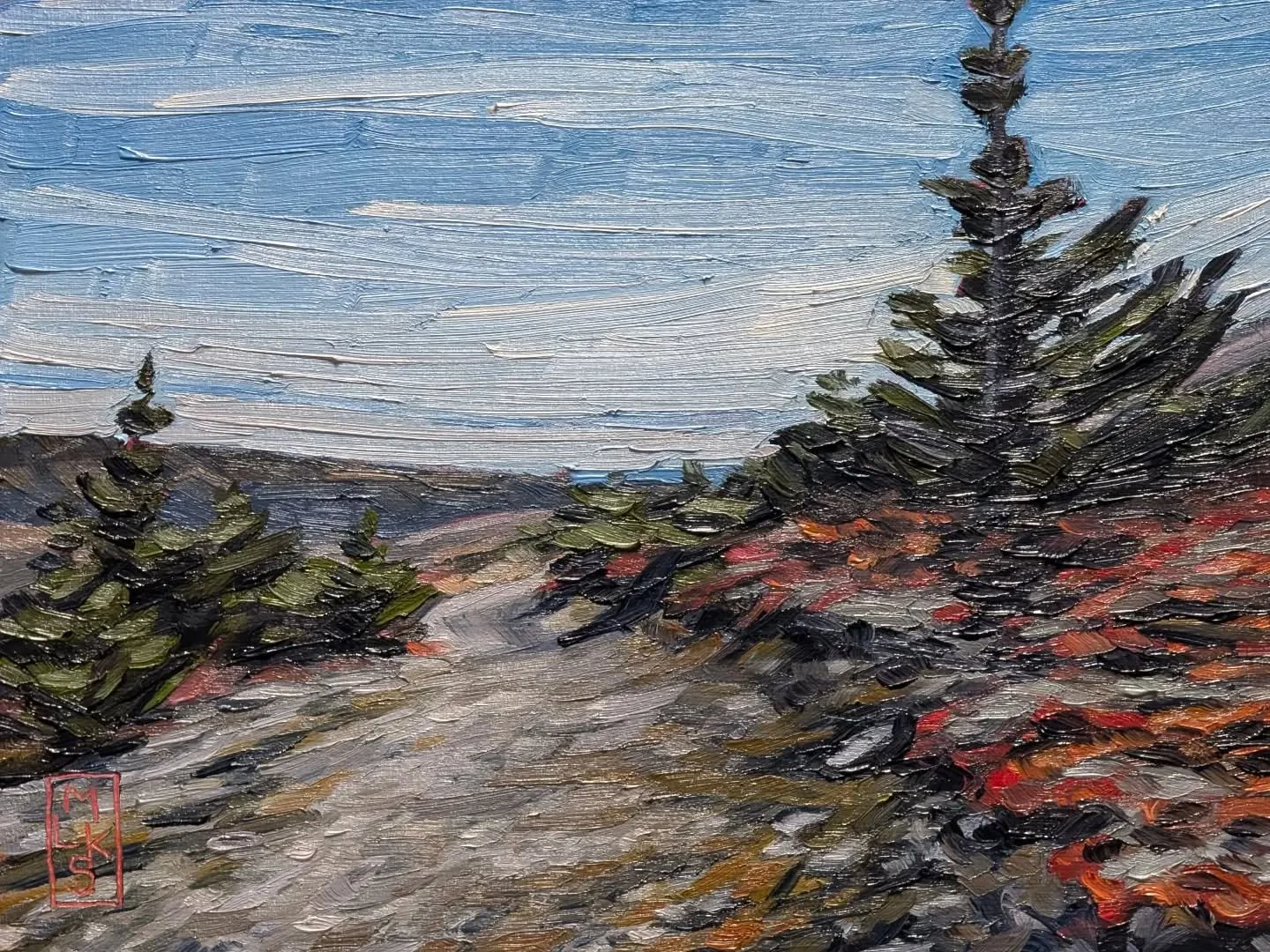 I continue with the theme of small paintings with this latest 6"x8" oil on cradled wood panel. Tricky fickle little painting it has been but the brush has been put down and it's up on the wall once again to dry. Time to get back to the pain