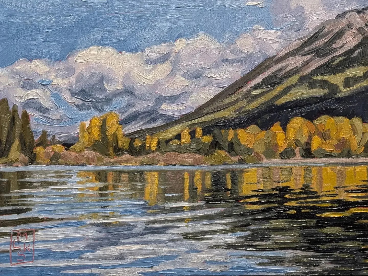 More wet paint 🙂 this time featuring an autumn view of the Azouzetta Lake northern shoreline, a scene I photographed last fall. What started off as a foggy chilly morning transitioned to a sunny day with a strong southerly wind picking up, it was a 