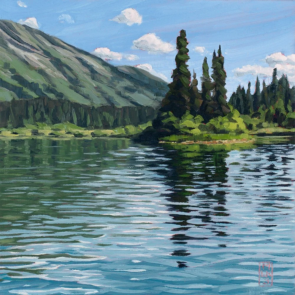 Memory of Summer on Azouzetta Lake
12"x12"x1.5" oil on canvas 2026
$300 CAD plus applicable 
taxes and shipping